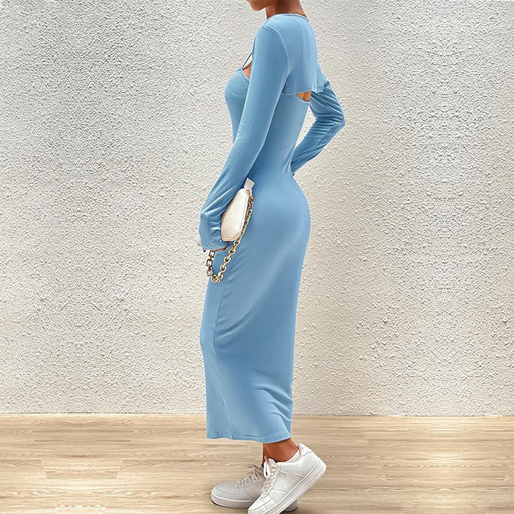Damen schlankes Maxikleid mit Spaghettiträgern und abnehmbaren Bolero-Ärmeln Drune
