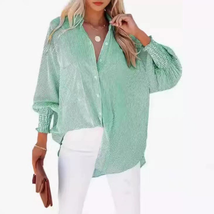 Damen Oversize-gestreifte Leinenoptik-Bluse mit Smokbündchen Drune