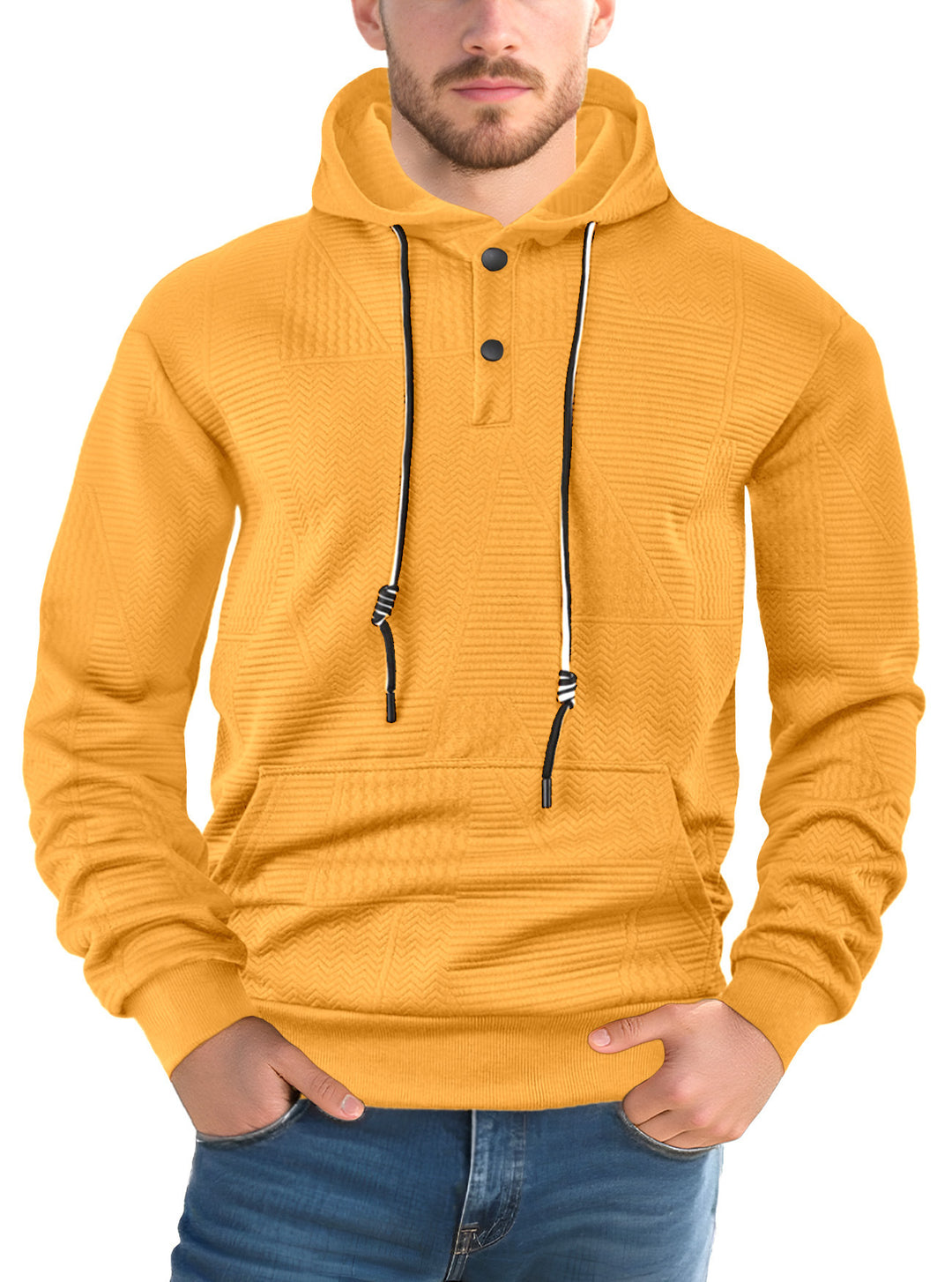 Herren Texturierter Kapuzenpullover mit gesteppter Patchstruktur und Druckknopfleiste Drune