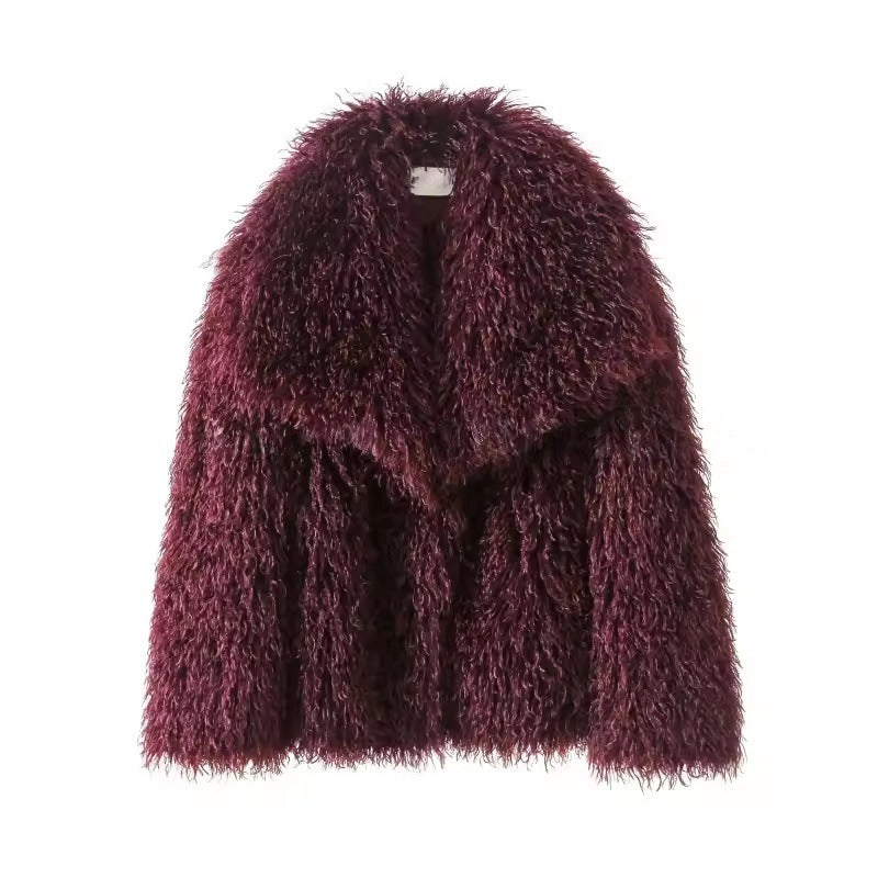 Damen Kurzjacke aus langflorigem Kunstpelz mit extra breitem Schalkragen Drune