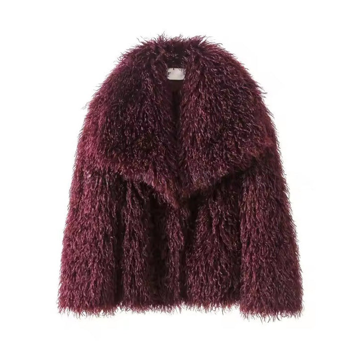 Damen Kurzjacke aus langflorigem Kunstpelz mit extra breitem Schalkragen Drune