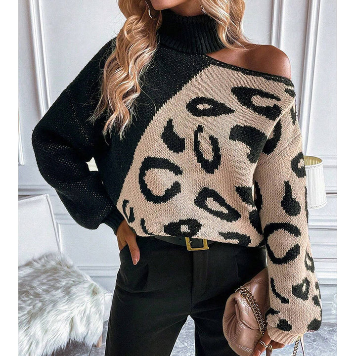 Damen Strickpullover mit modischem Leopardenmuster und steigendem Kragen Drune