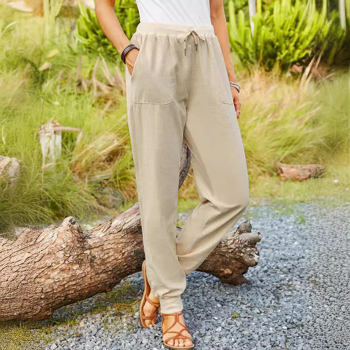 Damen entspannte Leinenhose mit verstellbarem Bund und praktischen Taschen Drune