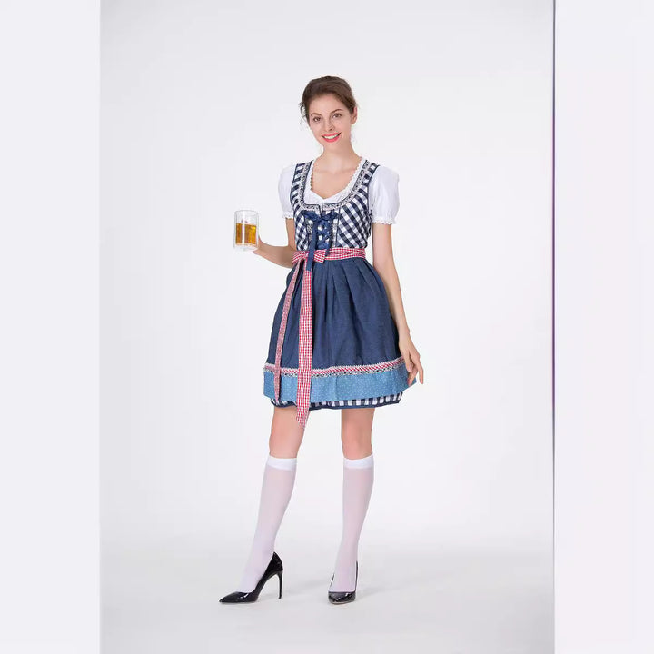 Damen nan traditionelles Trachten-Minikleid mit kariertem Schnürmieder, Puffärmelbluse und dekorativer Schürze Drune