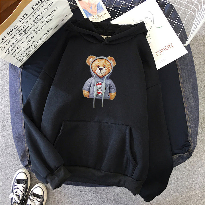 Unisex nan lässiger Oversize Kapuzenpullover mit Teddy-Frontprint, Kängurutasche und weichem Fleece-Innenfutter Drune