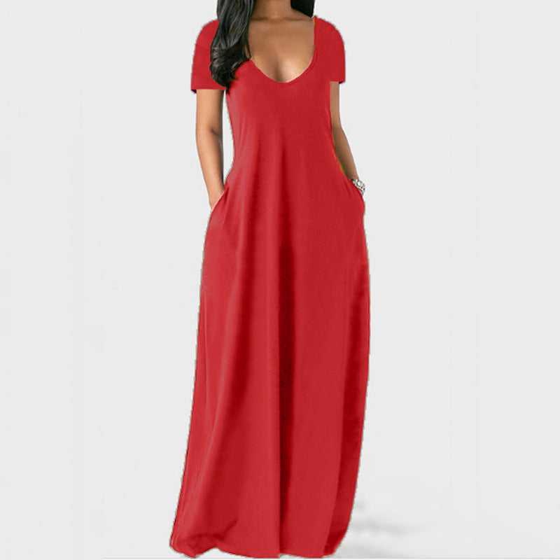 Drune | U-Ausschnitt Kurzarm Lockere Passform Maxikleid