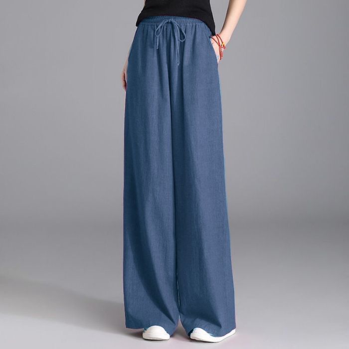 Damen nan weite Palazzo Leinenhose mit elastischem Kordelbund und Seitentaschen Drune