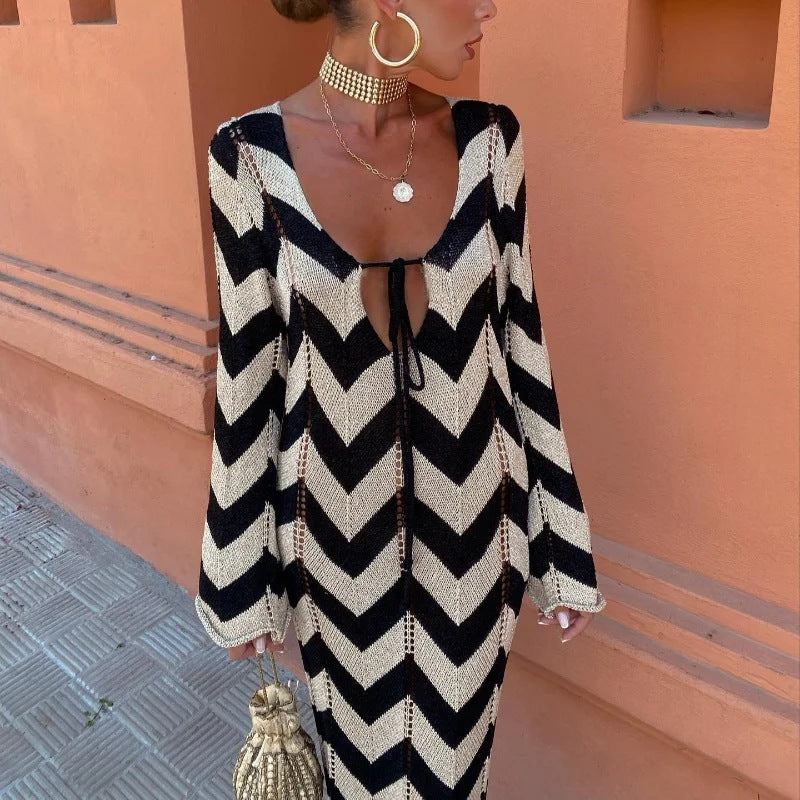 Damen 1400+ langes gehäkeltes Maxikleid mit Chevron‑Muster, tiefem V‑Ausschnitt und Bindeband Drune