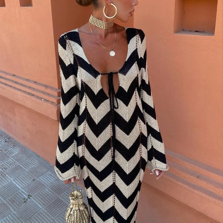 Damen 1400+ langes gehäkeltes Maxikleid mit Chevron‑Muster, tiefem V‑Ausschnitt und Bindeband Drune