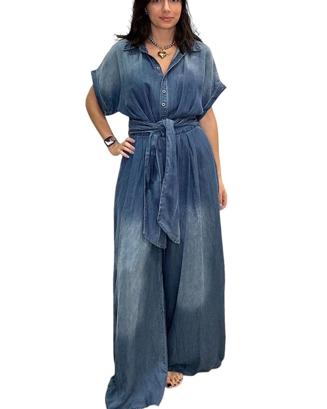 Damen lässiger Denim-Overall mit weitem Bein und praktischen Taschen Drune