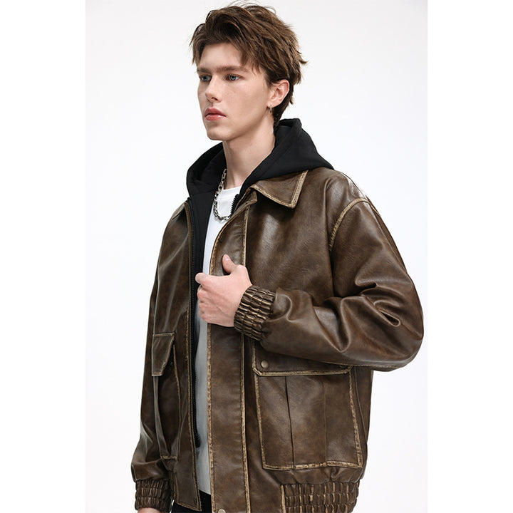 Herren Oversized Faux‑Leather Bomberjacke mit abnehmbarer Kapuze und Utility‑Taschen Drune