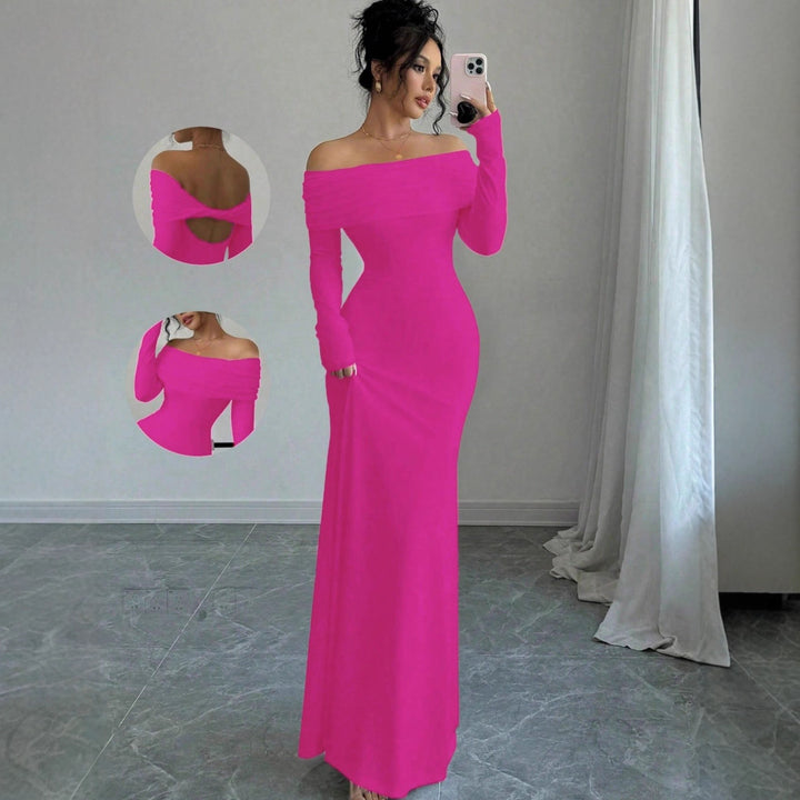 Damen elegantes Schulterfreies Langarm-Maxi-Kleid mit raffinierten Rückendetails Drune
