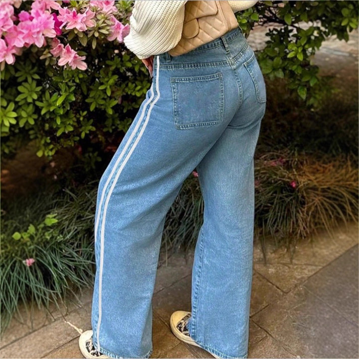 Damen weite High-Waist Denim-Jeans mit seitlichem Kontraststreifen Drune