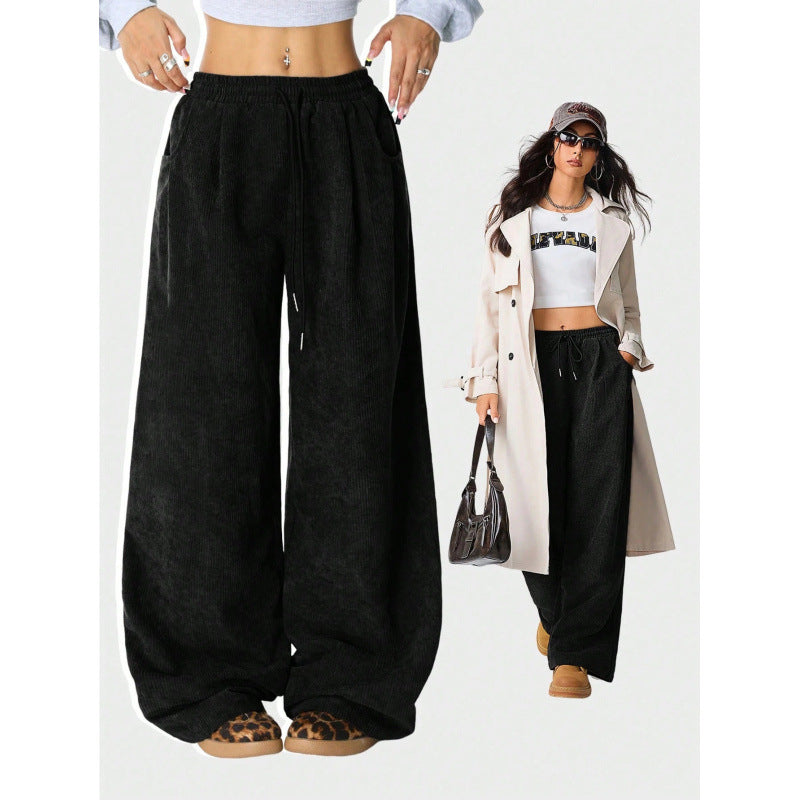 Damen Weite Cordhose mit hohem elastischem Bund und Kordel Drune