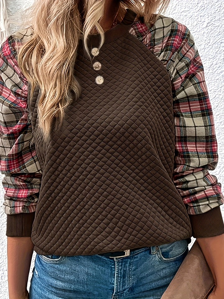 Damen Sweatshirt mit Gitterstruktur und karierten Ärmeln Drune