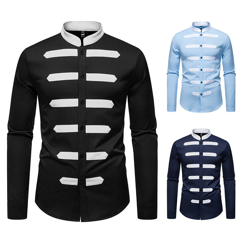 Herren Slim-Fit Hemd mit Stehkragen und dekorativen Paspelstreifen Drune