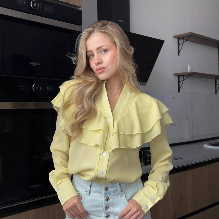 Damen Chiffon-Bluse mit mehrlagiger Volant-Rüsche und Perlmuttknöpfen Drune