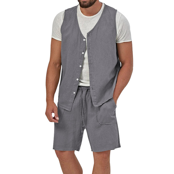Herren nan zweiteiliges Freizeit-Set mit ärmelloser Knopfweste und weiten Kordelzug-Shorts mit aufgesetzten Taschen Drune