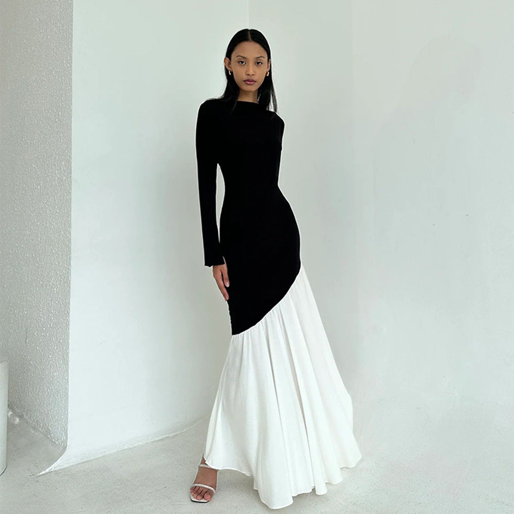 Damen elegantes, asymmetrisches Maxikleid mit langen Ärmeln und farblichen Kontrasten Drune