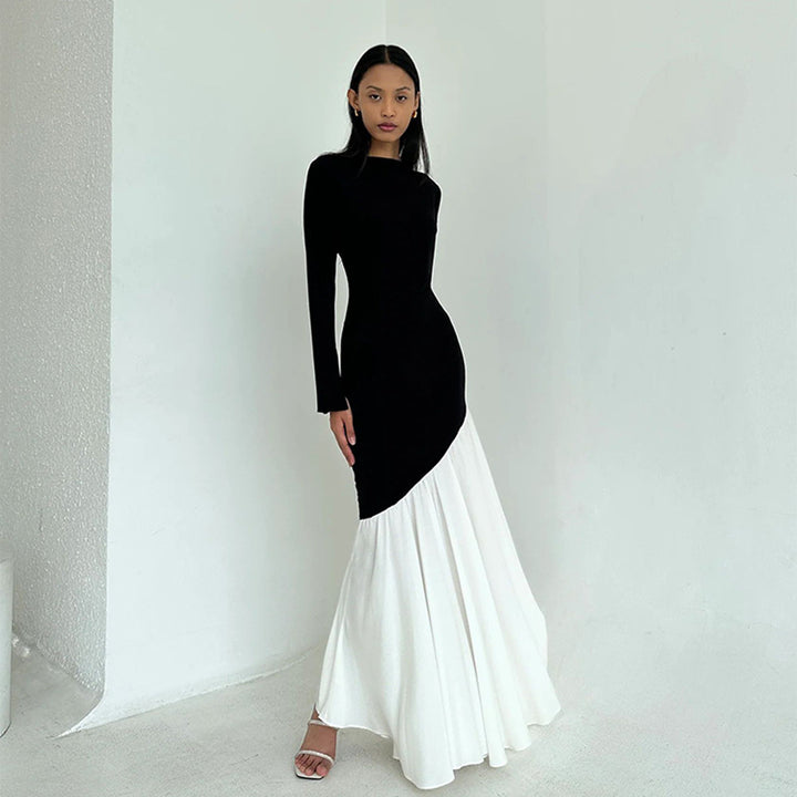 Damen elegantes, asymmetrisches Maxikleid mit langen Ärmeln und farblichen Kontrasten Drune