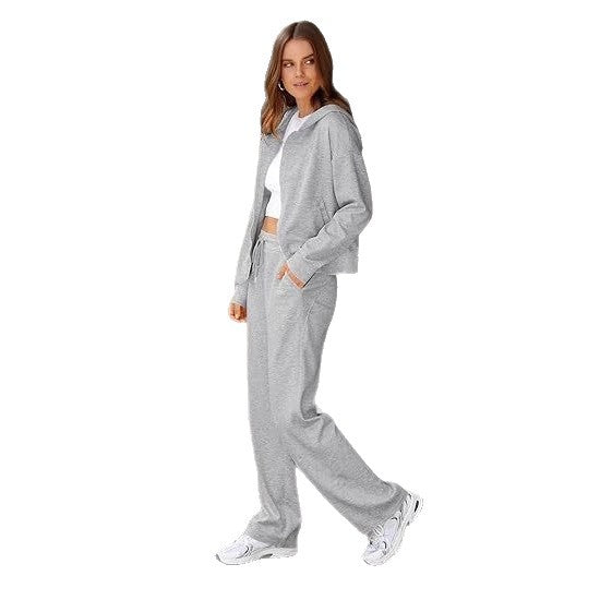 Damen nan Casual-Lounge-Set mit taillierter Zip-Kapuzenjacke, Kordelzug und weitem Palazzo-Jogger Drune
