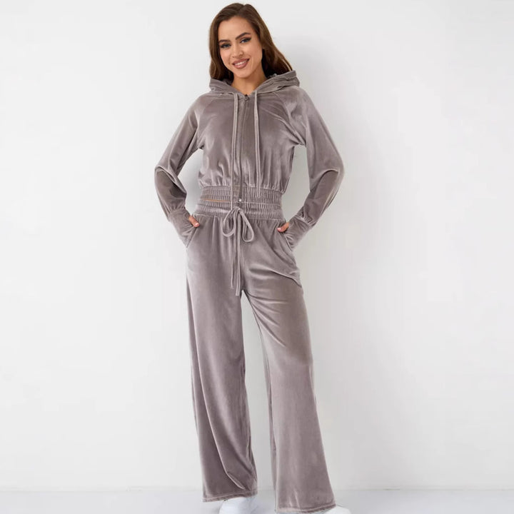 Damen luxuriöses Velours-Lounge-Set mit kurzem Reißverschluss-Hoodie und weitem Comfort-Hose Drune