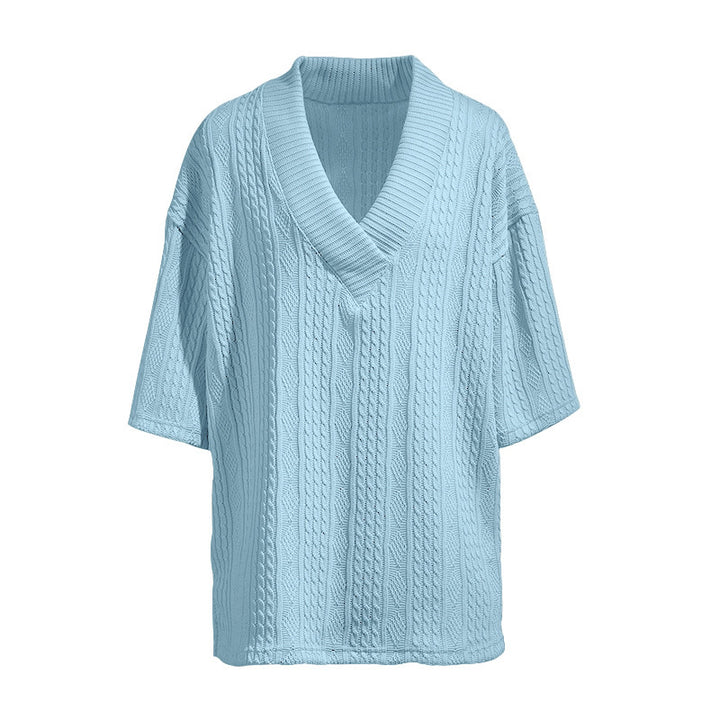 Damen nan Kurzarm-Strickpullover im weiten Schnitt mit tiefem V-Kragen und Zopfmuster Drune
