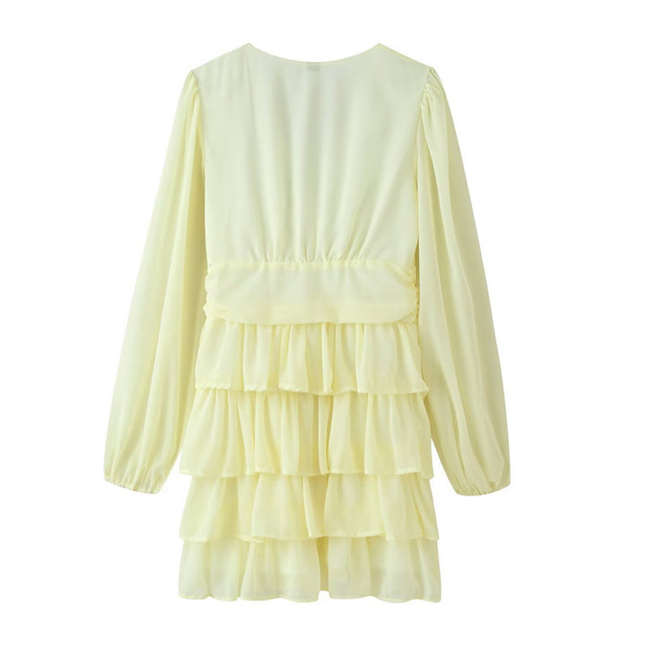 Damen Chiffon‑Minikleid mit V‑Ausschnitt, langen Ärmeln und mehrlagigen Volants Drune