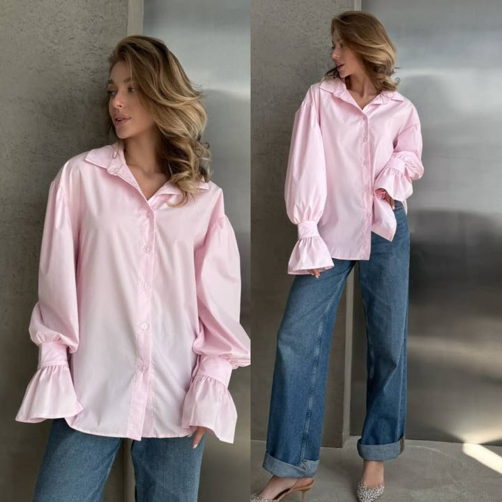 Damen Oversized-Bluse mit Volant-Manschetten und Ballonärmeln Drune