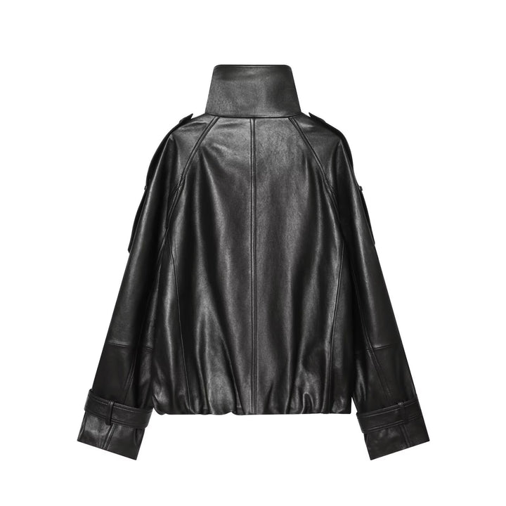 Damen Oversize Lederoptik Mantelcape mit hohem Stehkragen und doppelreihiger Knopfleiste Drune