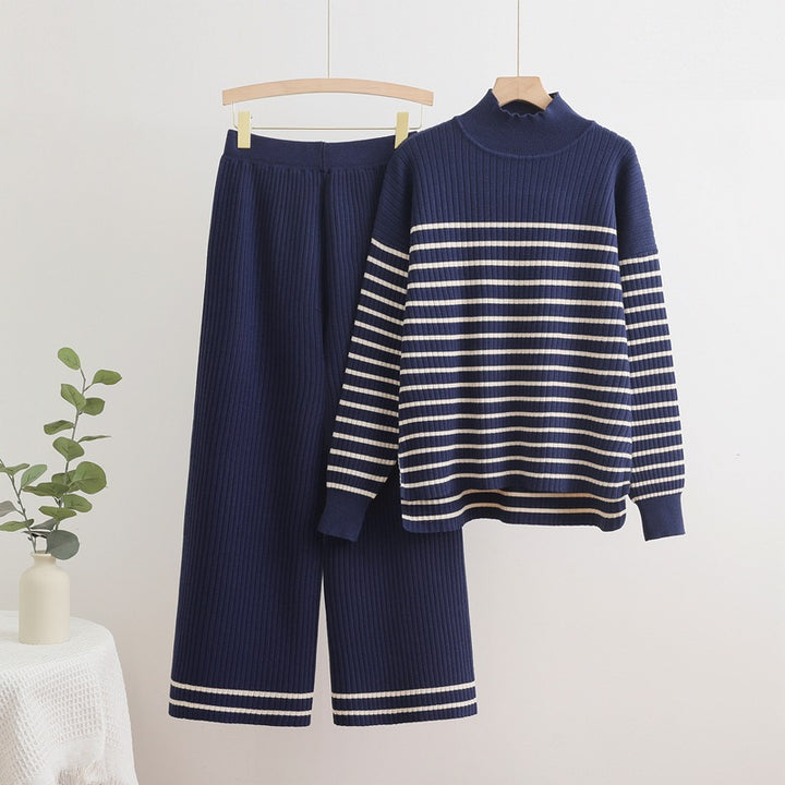 Damen gemütliches Strick-Loungewear-Set mit quer gestreiften Details Drune