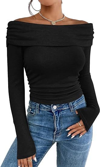 Damen Figurbetontes Schulterfreies Langarm Feinstrickshirt mit Carmenausschnitt Drune
