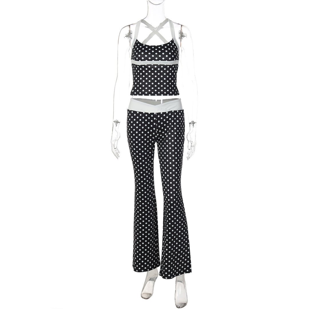 Damen Polka Dot Sportanzug mit cropped Oberteil und Flared Pants Drune