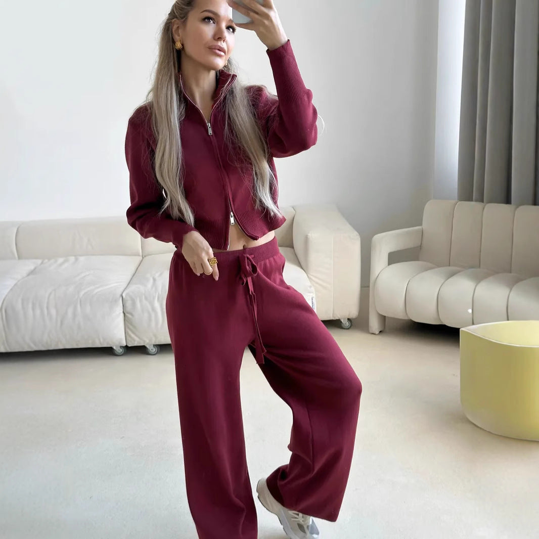 Damen gestricktes Lounge-Set mit kurzem Reißverschluss-Cardigan und weitem High-Waist-Jogginghose Drune