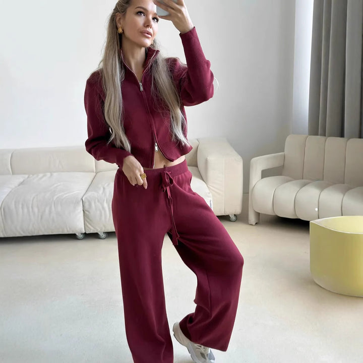 Damen gestricktes Lounge-Set mit kurzem Reißverschluss-Cardigan und weitem High-Waist-Jogginghose Drune