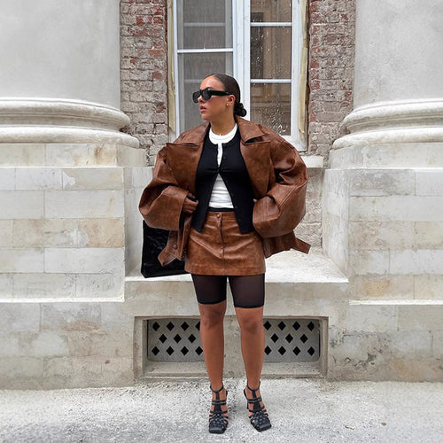 Damen Cropped-Boxy Lederimitat-Mantel mit übergroßem Revers und doppelreihiger Knopfleiste Drune