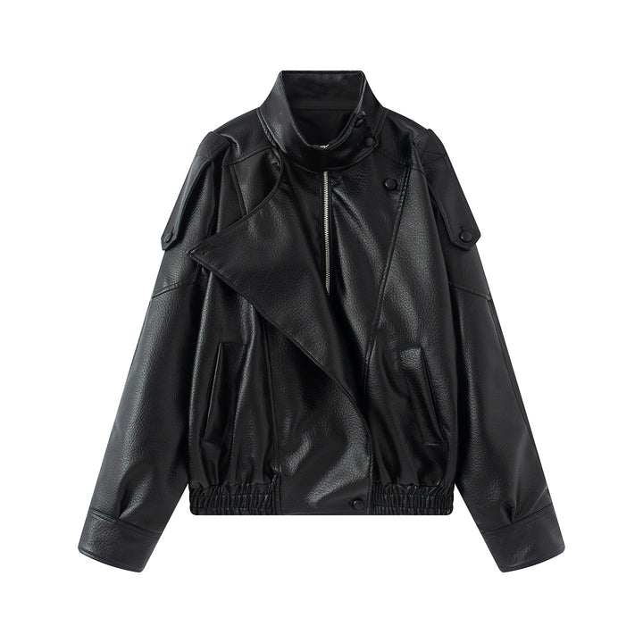 Damen nan asymmetrische Oversize Kunstlederjacke mit Stehkragen, Schulterklappen und Tunnelzugsaum Drune