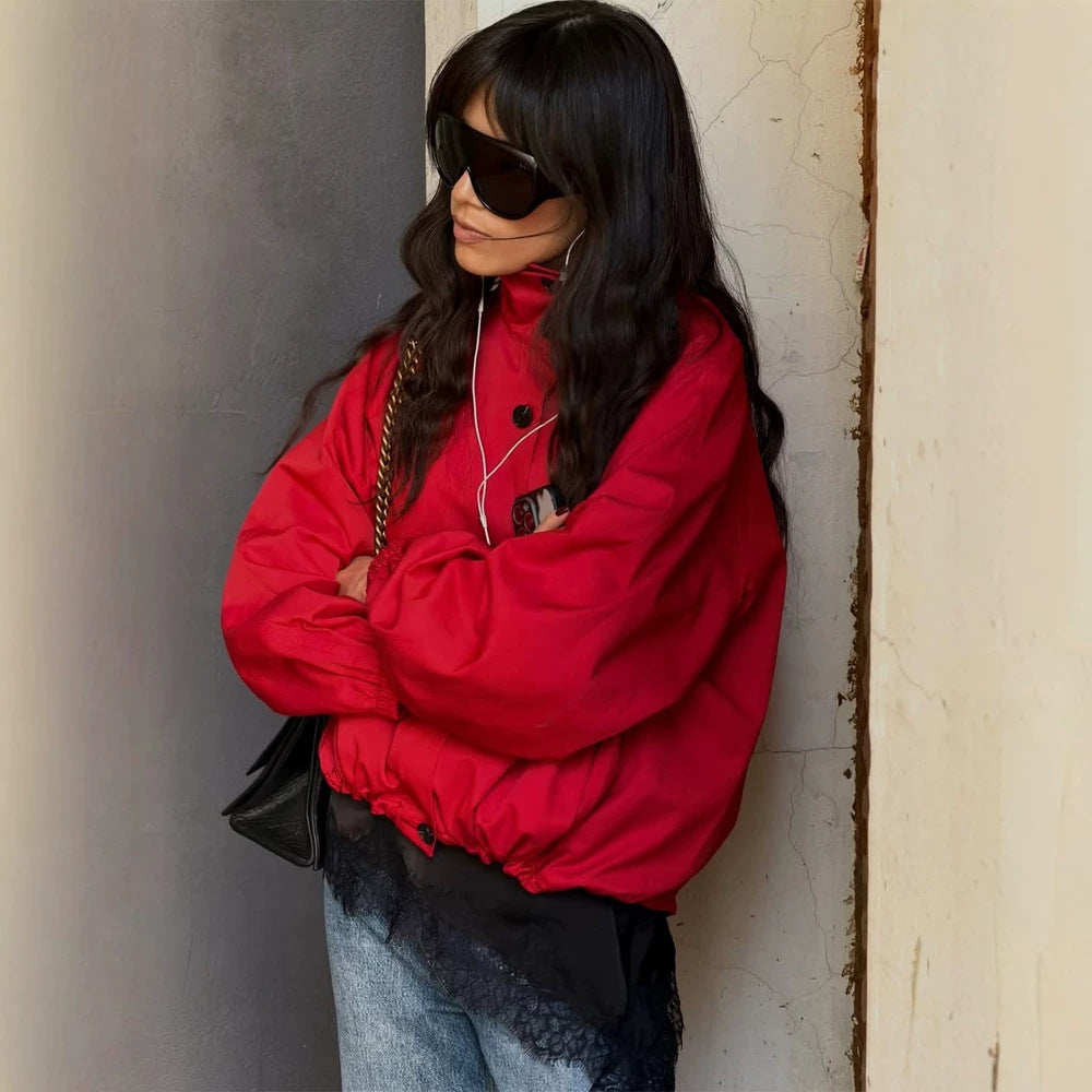 Damen Kurze Boxy-Bomberjacke mit Tunnelzug und Ballonärmeln Drune