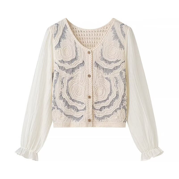 Damen Bestickter Häkelstrick-Cardigan mit transparenten Plissee-Ärmeln Drune
