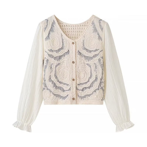Damen Bestickter Häkelstrick-Cardigan mit transparenten Plissee-Ärmeln Drune