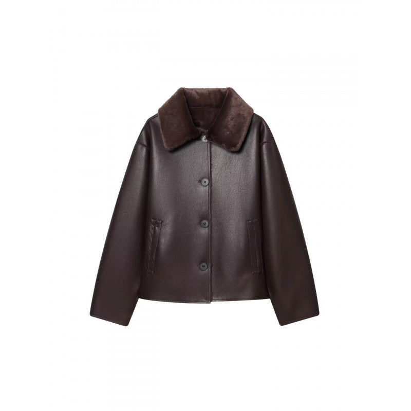 Damen Kurze Wende‑Lammfelljacke mit vollem Umlegekragen und warmer Teddyfütterung Drune
