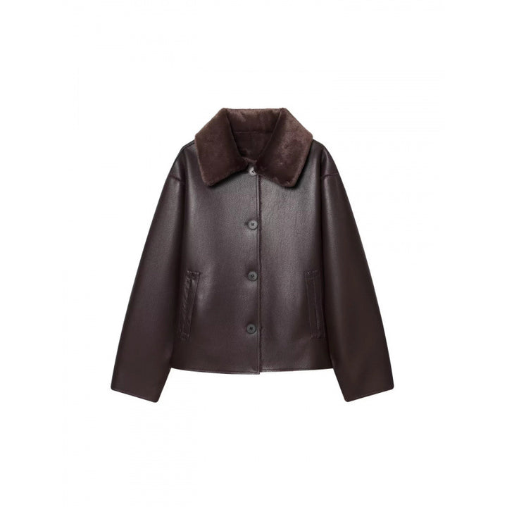Damen Kurze Wende‑Lammfelljacke mit vollem Umlegekragen und warmer Teddyfütterung Drune