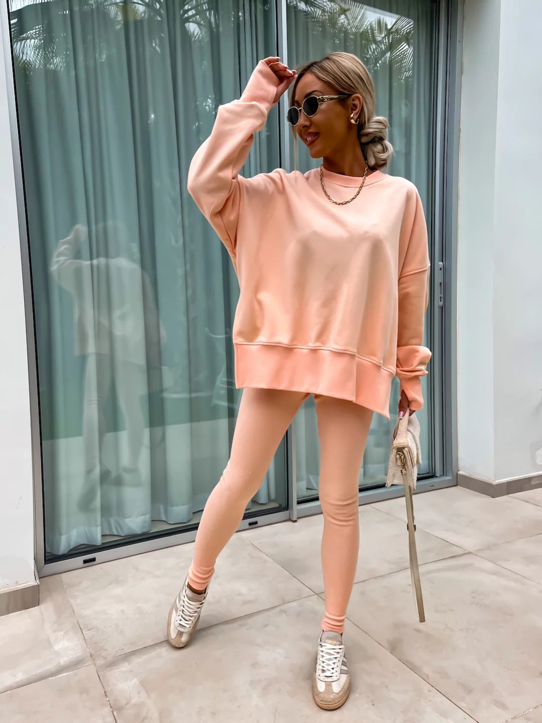 Damen komfortables Oversize-Lounge-Set mit langem Sweatshirt, gerippten High-Waist-Leggings und verlängerten Bündchen Drune