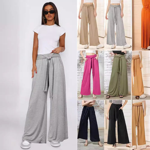 Damen Hochtaillierte Weite Palazzo-Hose mit Selbstbindendem Taillenbund und Seitentaschen Drune