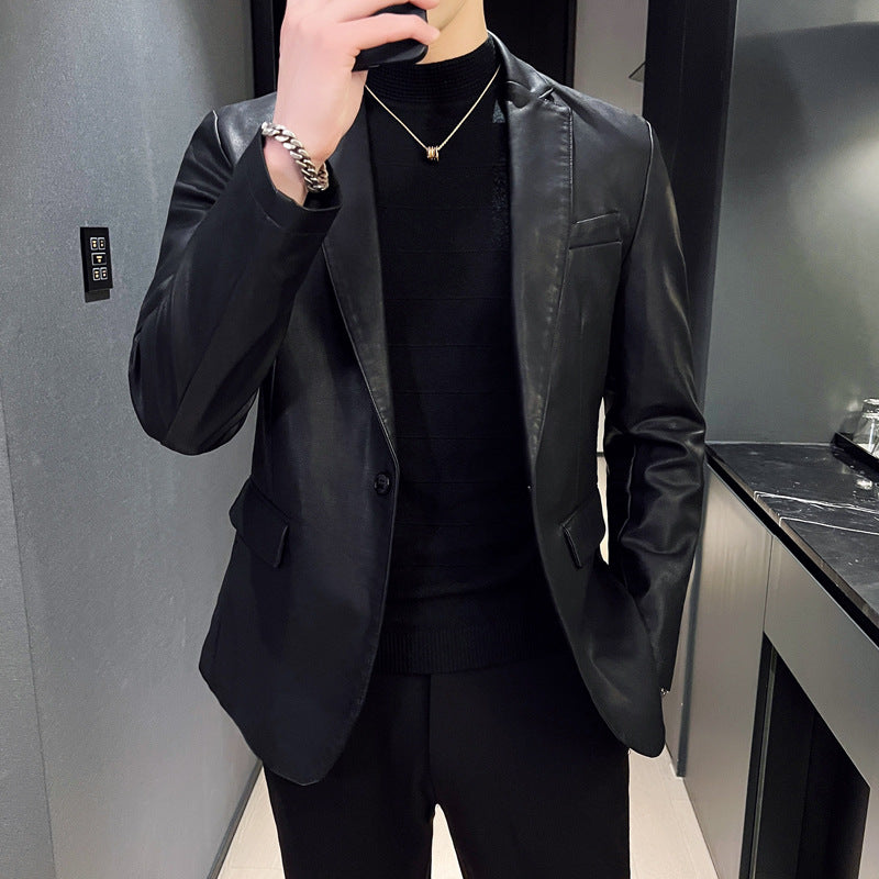 Herren eleganter Slim-Fit Lederimitat-Blazer mit Reverskragen und Pattentaschen Drune