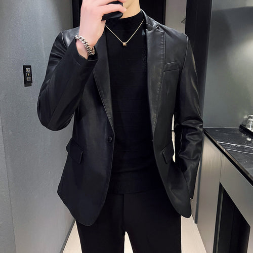 Herren eleganter Slim-Fit Lederimitat-Blazer mit Reverskragen und Pattentaschen Drune
