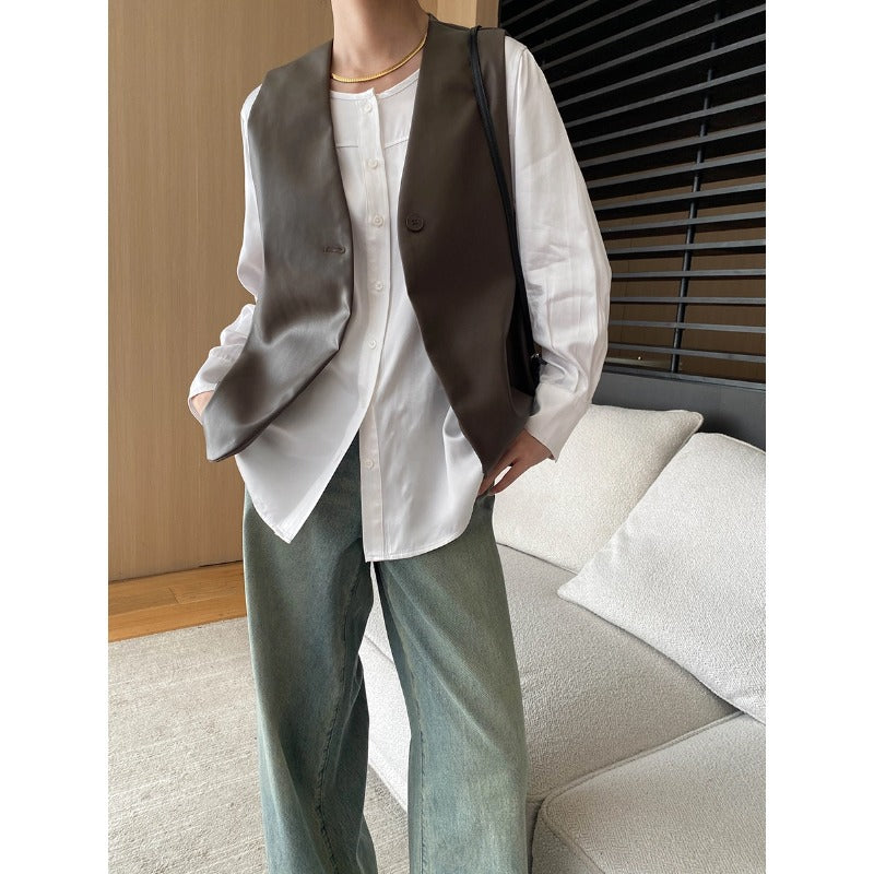 Damen elegante Weste aus veganem Leder mit schickem Schnitt Drune
