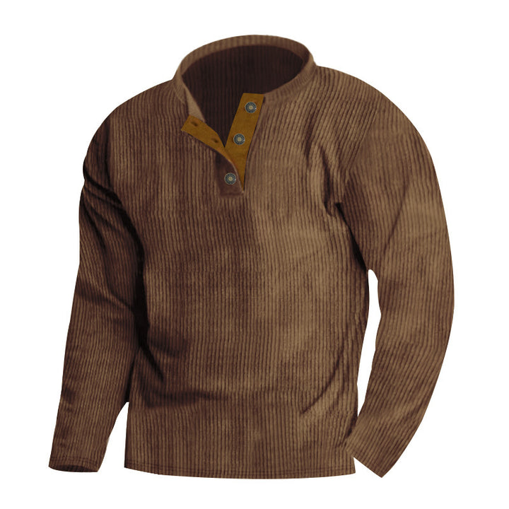 Herren nan gerippter Henley-Pullover mit kurzem Knopfkragen und kontrastierter Veloursbesatz Drune