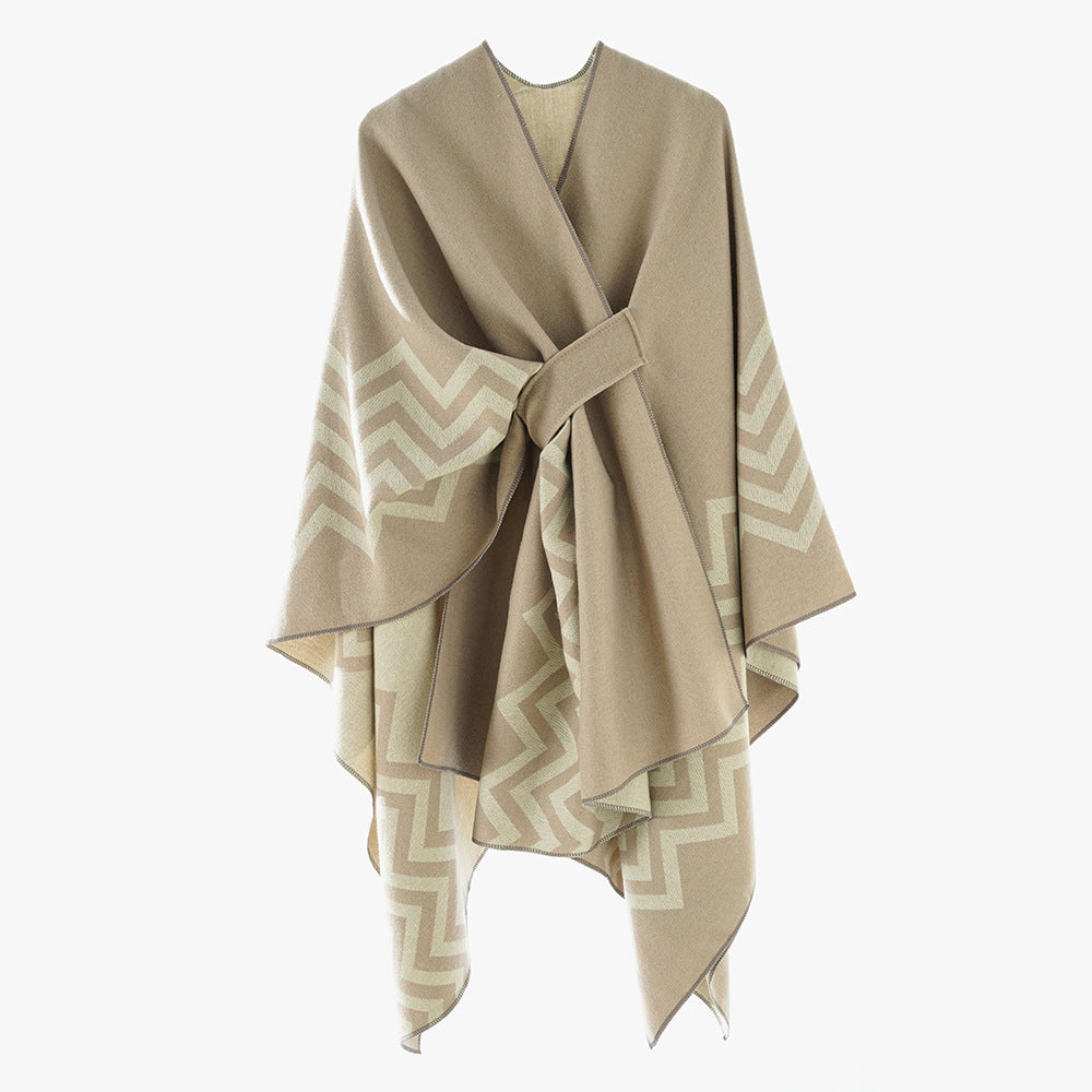 Damen Wollmix-Capeponcho mit Bindegürtel und grafischem Zickzackmuster Drune