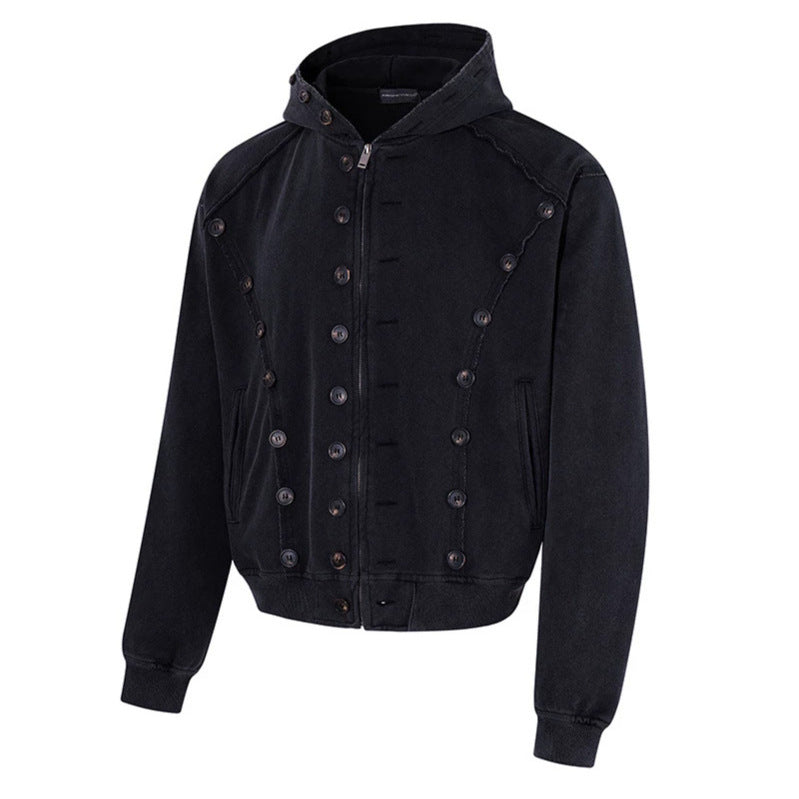 Herren Kapuzen-Zipjacke mit dekorischer Knopfreihe, vintage-inspirierter Waschung und elastischem Saum Drune